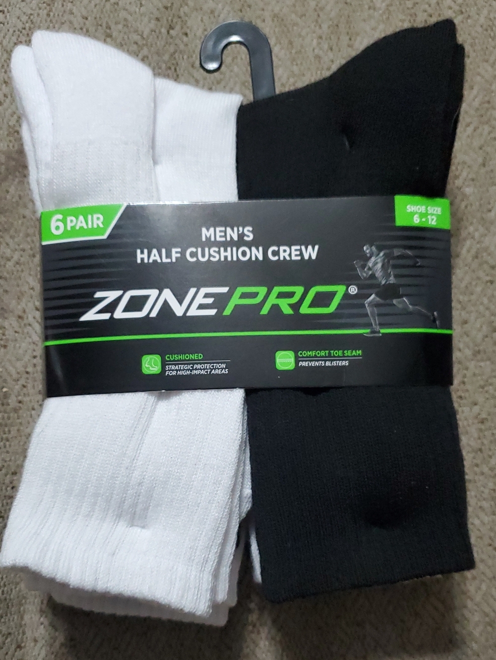 Zone Pro Men's Half Cushion Crew Socks - Black & White (6 Pack)